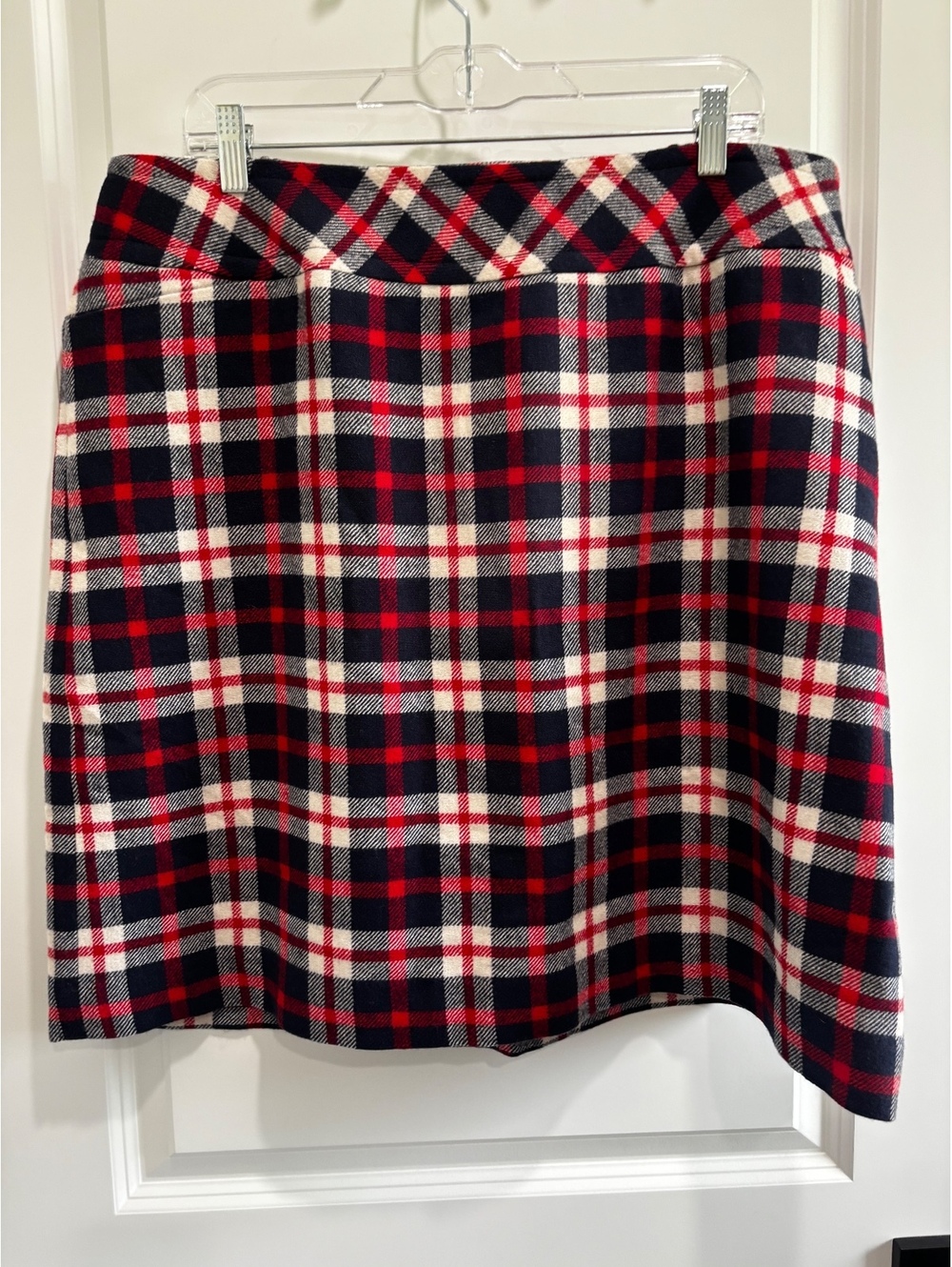 Talbots Classic Plaid A-Line Wool-Blend Skirt - Navy, Red & Cream